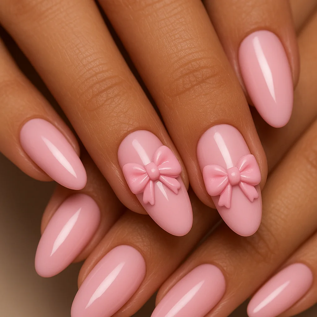 Baby pink nails with 3D sculpted satin gel bows on ring and middle finger on warm tan skin — coquette pink nail 2026