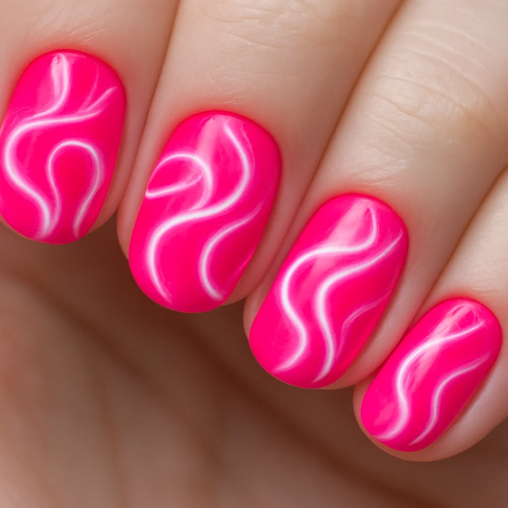 Electric neon pink nails with white smoke swirl lines on pale cool skin — abstract pink nail art 2026