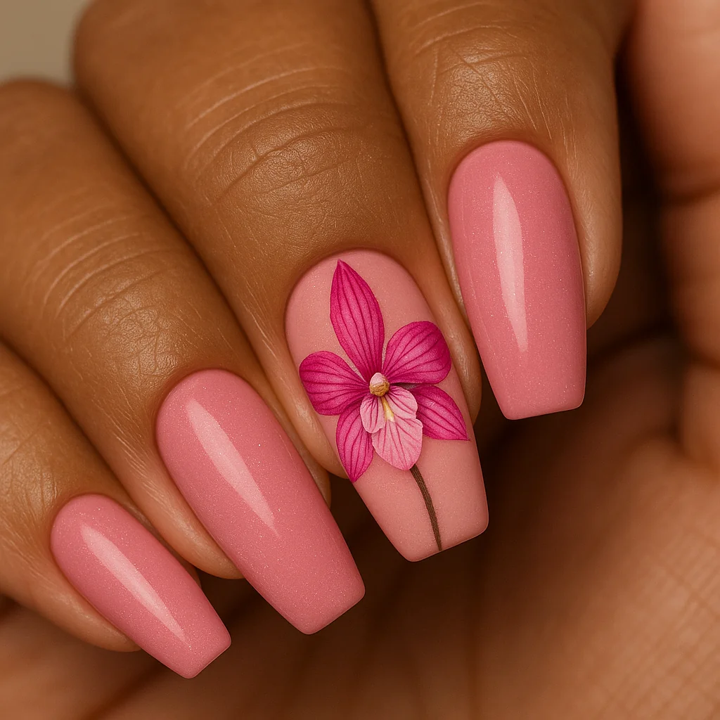 Blush pink nails with detailed orchid painting on accent ring finger nail on deep warm brown skin — botanical pink nail art 2026