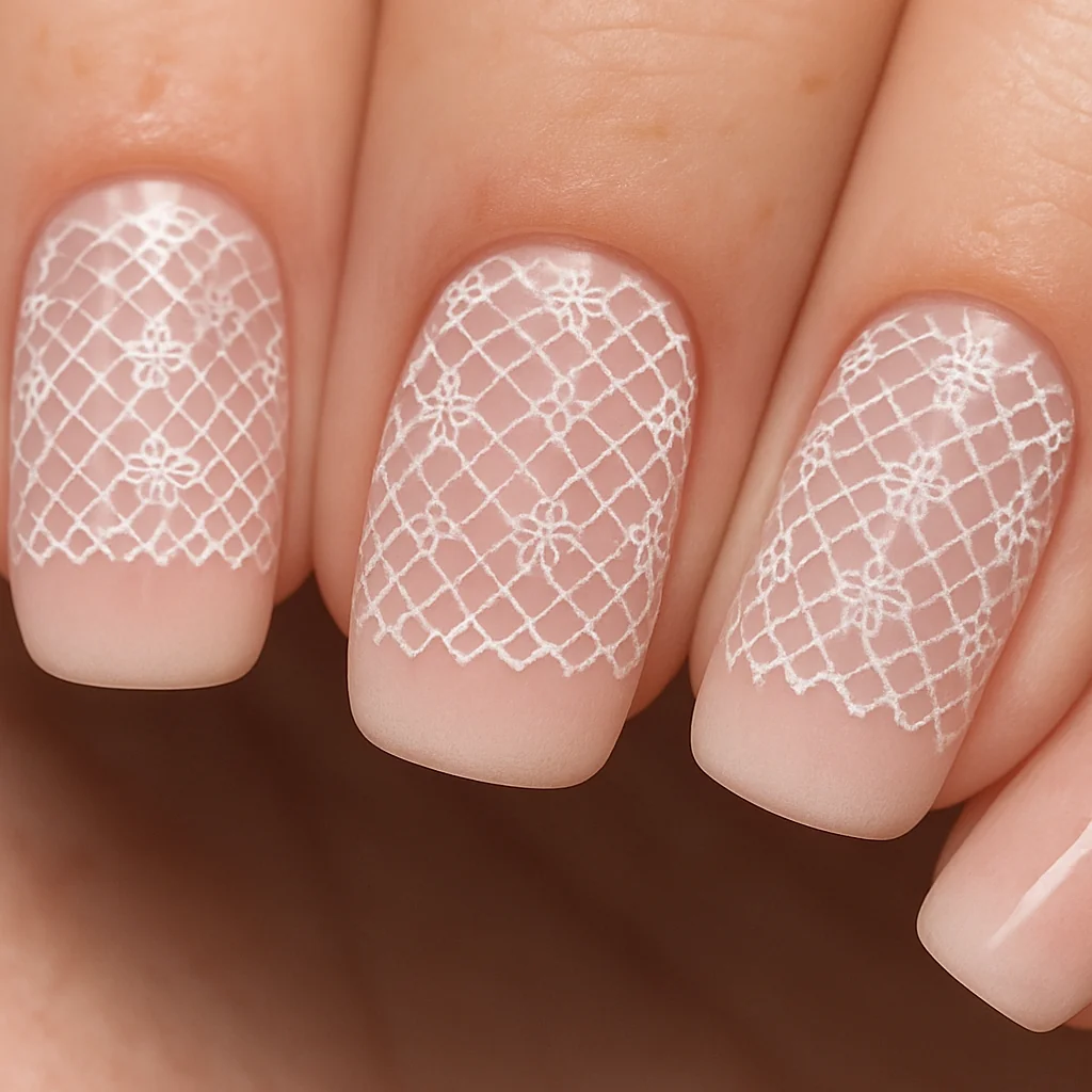 Pink ombre nails with white lace mesh pattern overlay at tips on fair freckled skin — feminine pink nail art 2026
