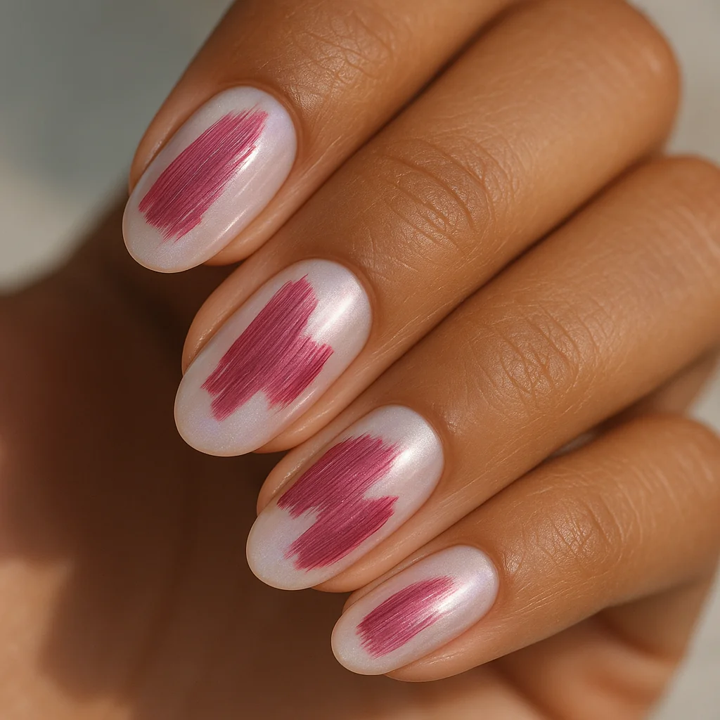 Iridescent pink pearl base with bold abstract brushstroke art in rose on medium warm brown skin — pink nail art 2026