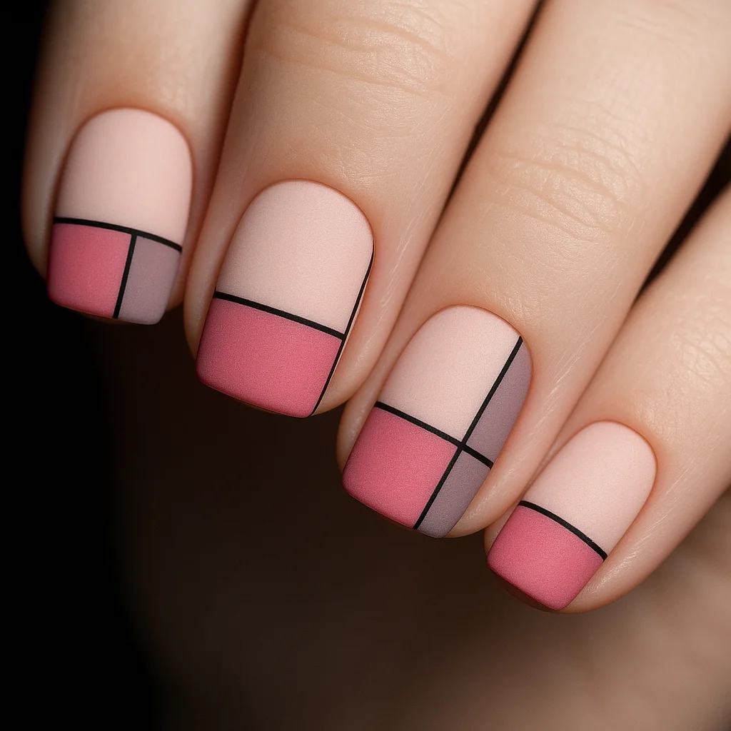 Pink pastel color block nails divided by thin black lines in three sections on pale fair skin high contrast — graphic pink nail 2026