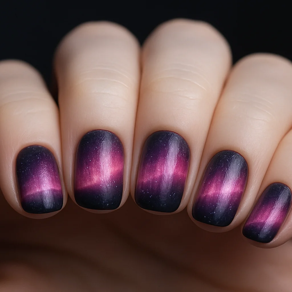 Pink aurora borealis nail effect with navy base fading to magenta pink and white at tip on fair skin dark background — pink nail art 2026