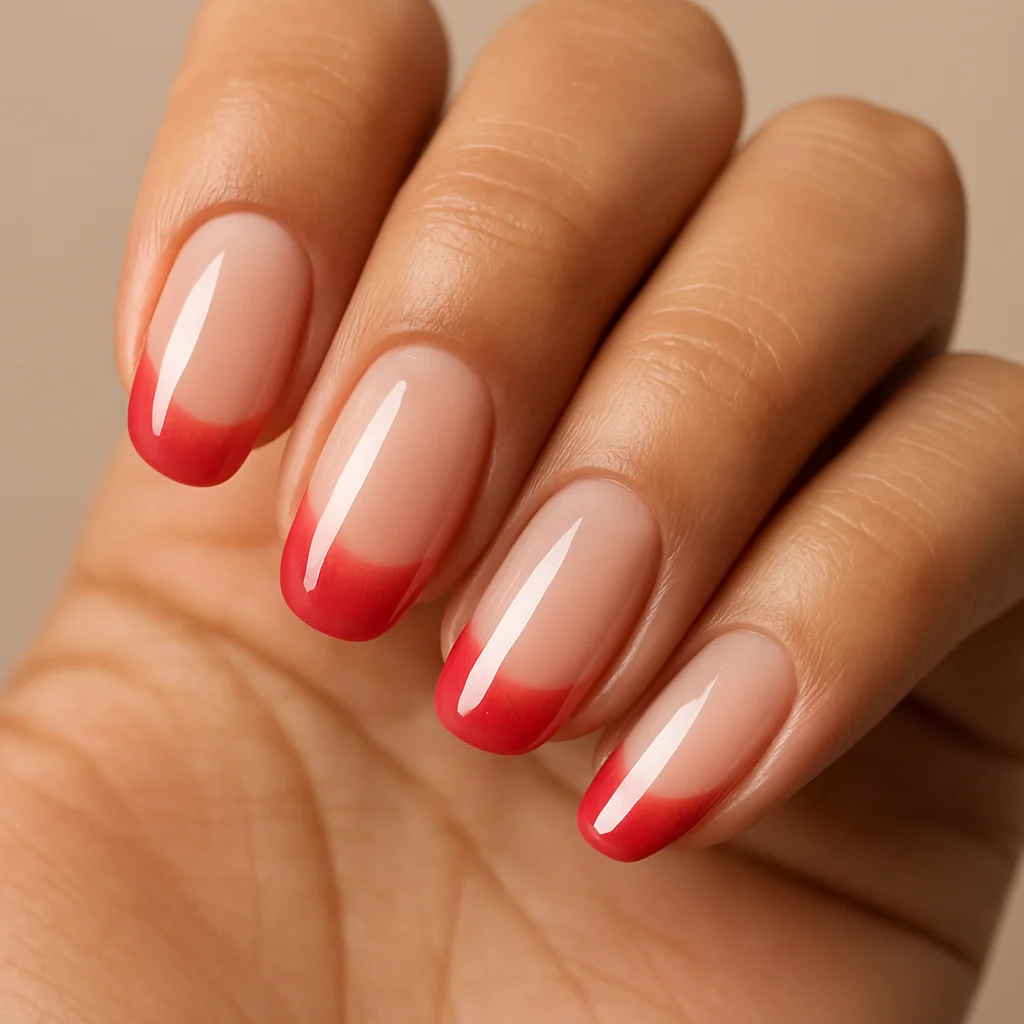 Strawberry glazed French tip nails with jelly glaze over red-pink ombre tips on medium skin — pink nail design 2026