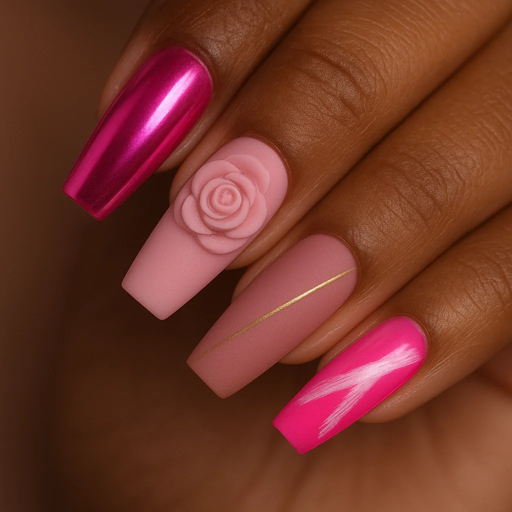 Maximalist pink nails with five different designs across one hand — chrome rose 3D bud matte line jelly gems neon brushstroke — on deep brown skin