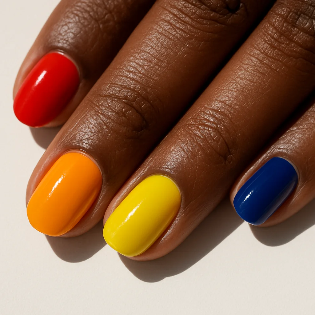 Classic rainbow Pride nails each nail a different flag color on dark brown skin in sunlight — LGBT nail design 2026