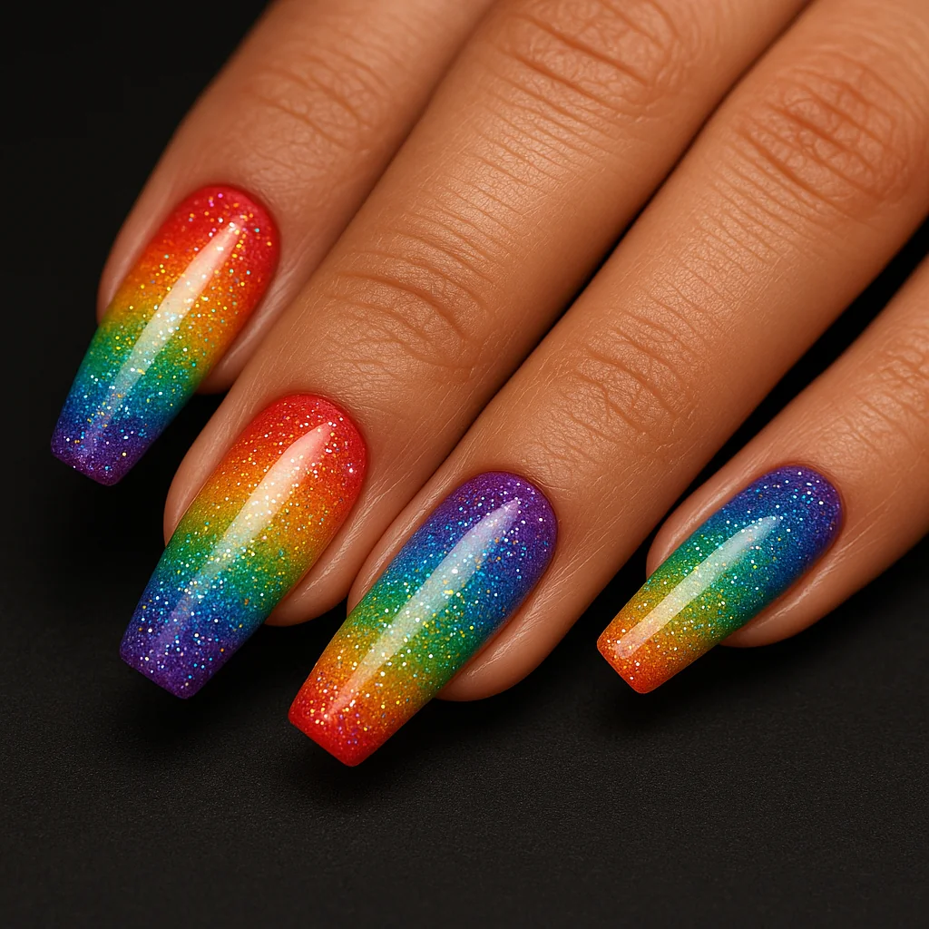 Rainbow gradient ombre nails with holographic glitter on medium tan skin — Pride nail art 2026