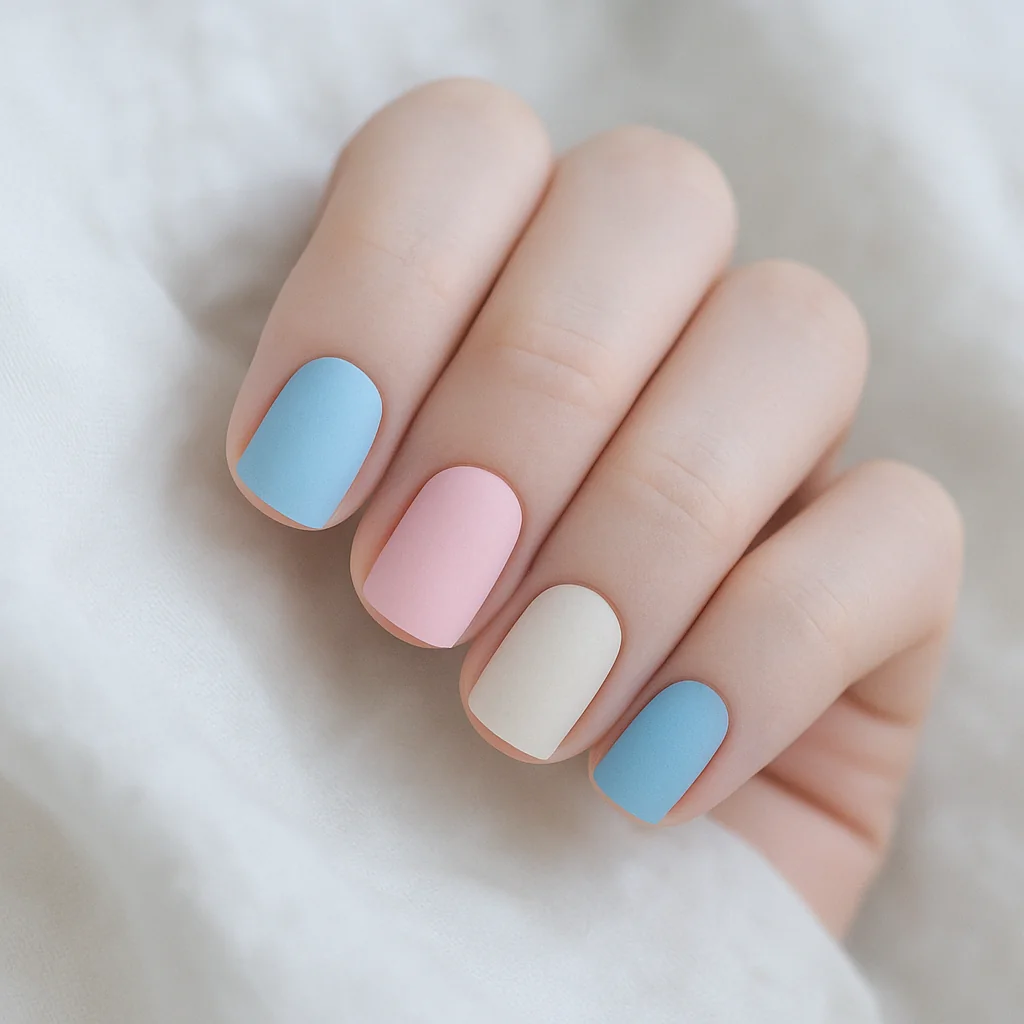 Short square nails in transgender Pride flag colors baby blue pink and white on fair skin on soft fabric — trans pride nail 2026