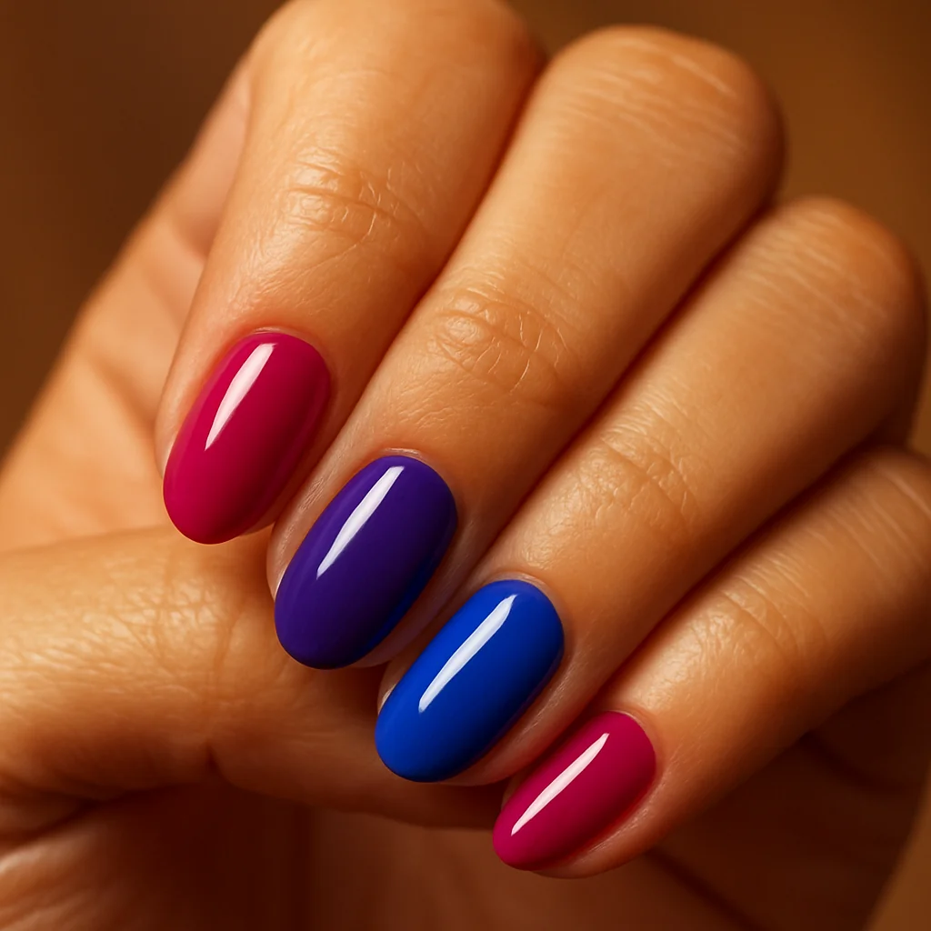 Short almond nails in bisexual Pride flag magenta purple and blue on warm light brown skin — bi pride nail design 2026