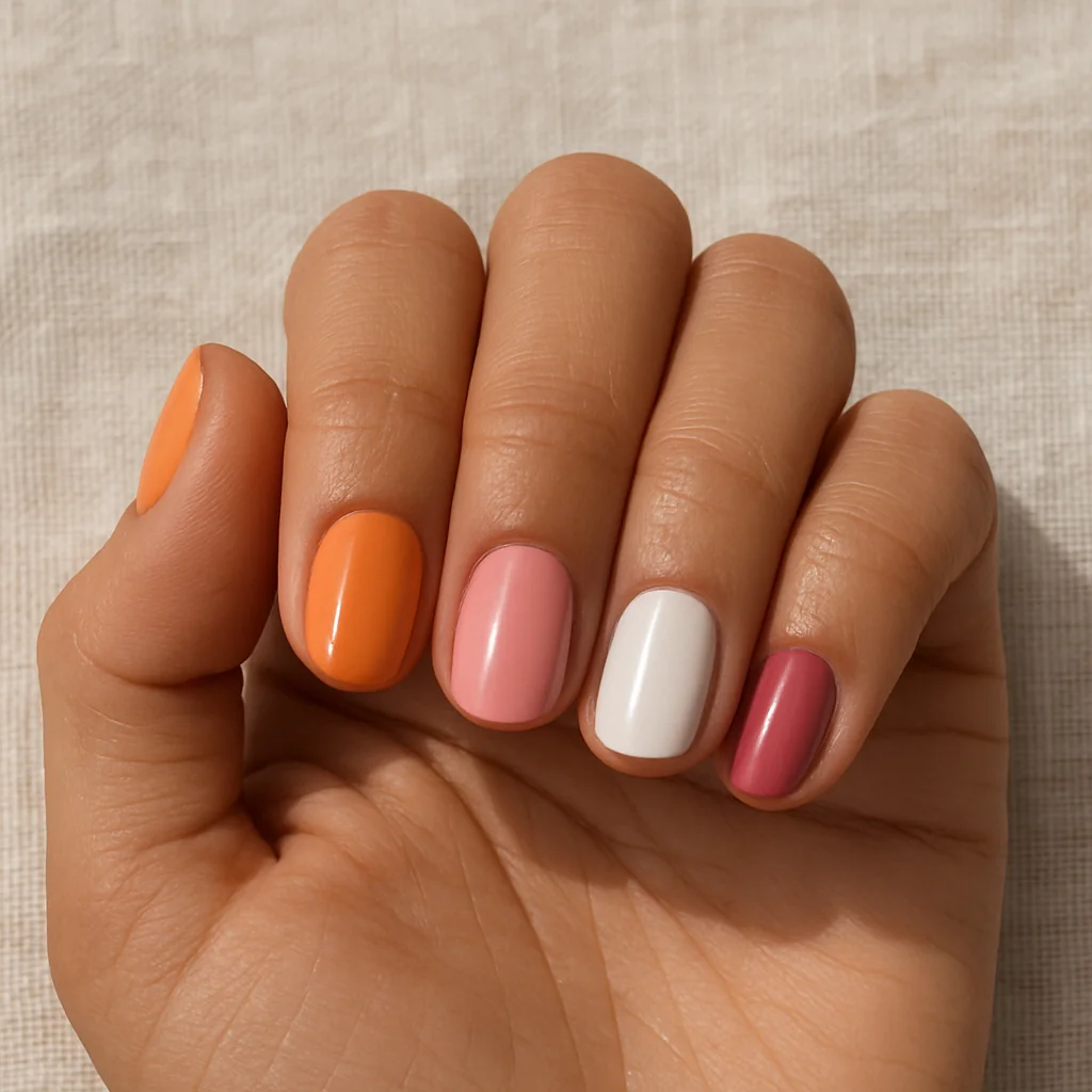 Short round nails in lesbian Pride flag orange pink white and deep rose on medium olive skin on linen — lesbian pride nail 2026