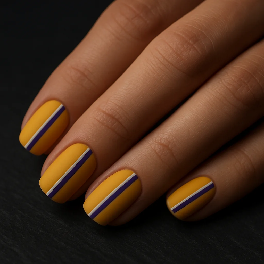 Short squoval nails in non-binary Pride flag yellow white purple and black geometric design on fair skin on dark slate — non-binary pride nail 2026