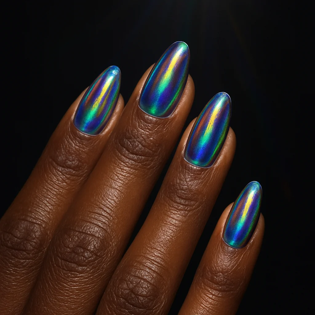 Oil-spill holographic iridescent rainbow nails on dark brown skin against black background — pride nail 2026