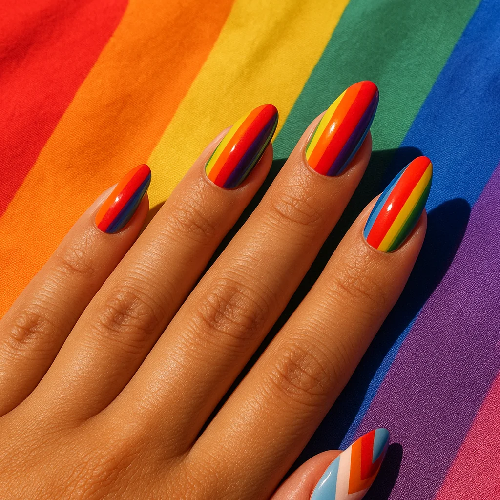 Medium coffin nails with Progress Pride flag rainbow stripes and white pink light blue chevron accent nails on warm tan skin — progress pride nail 2026