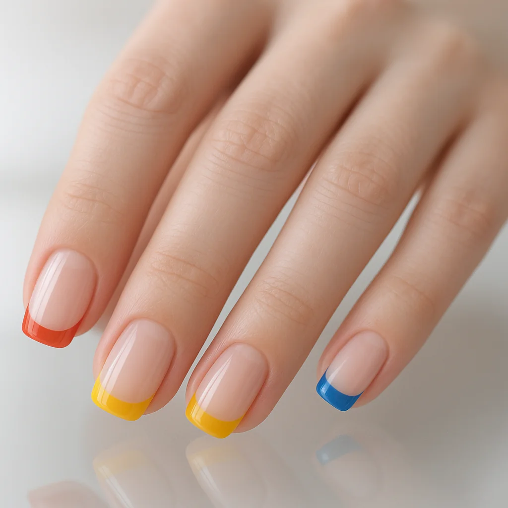 Rainbow French tip nails with each tip a different Pride color on nude base on pale skin — subtle pride nail 2026