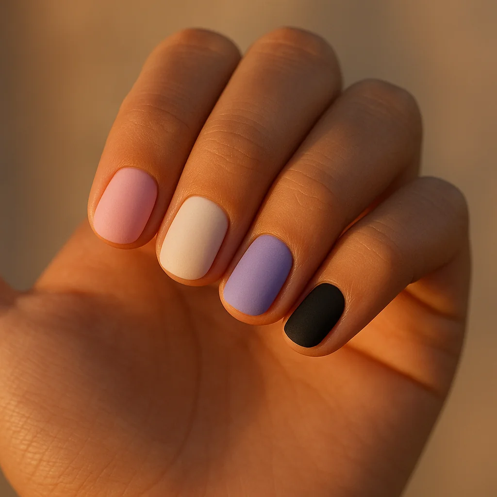 Short round nails in genderfluid Pride flag pink white purple black and blue each nail a different color on warm tan skin — genderfluid pride nail 2026