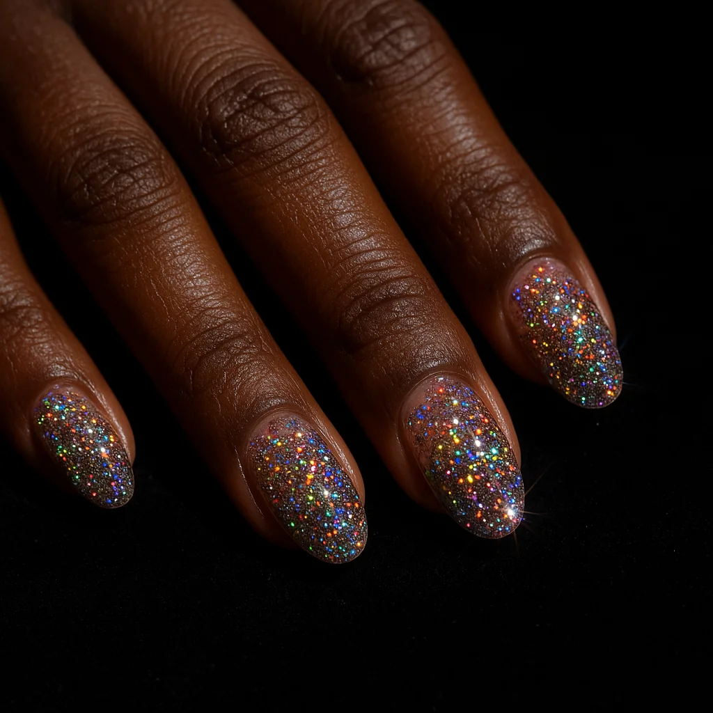Rainbow holographic chunky glitter nails on dark brown skin on black velvet with sparkle reflections — pride nails 2026