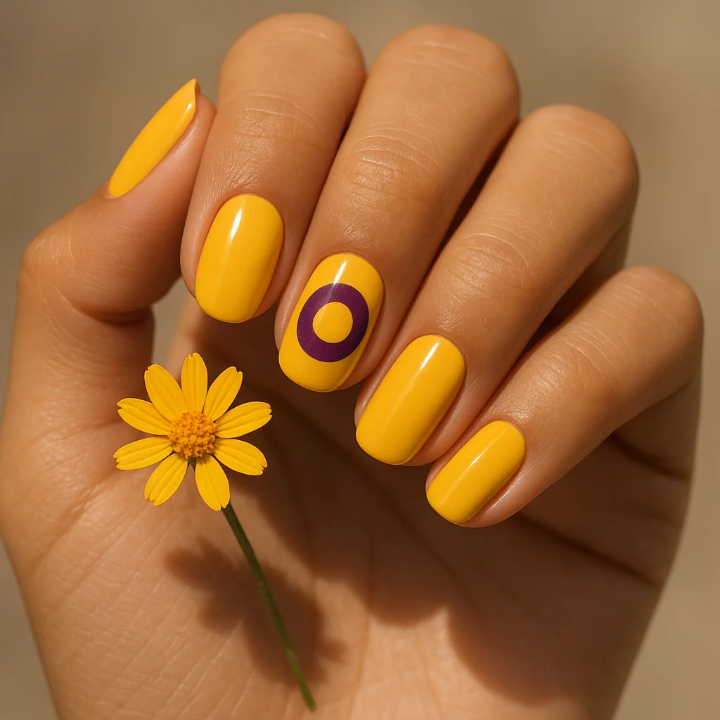 Medium squoval nails in intersex Pride flag yellow base with purple circle design on accent nail on warm olive skin holding yellow flower — intersex pride nail 2026