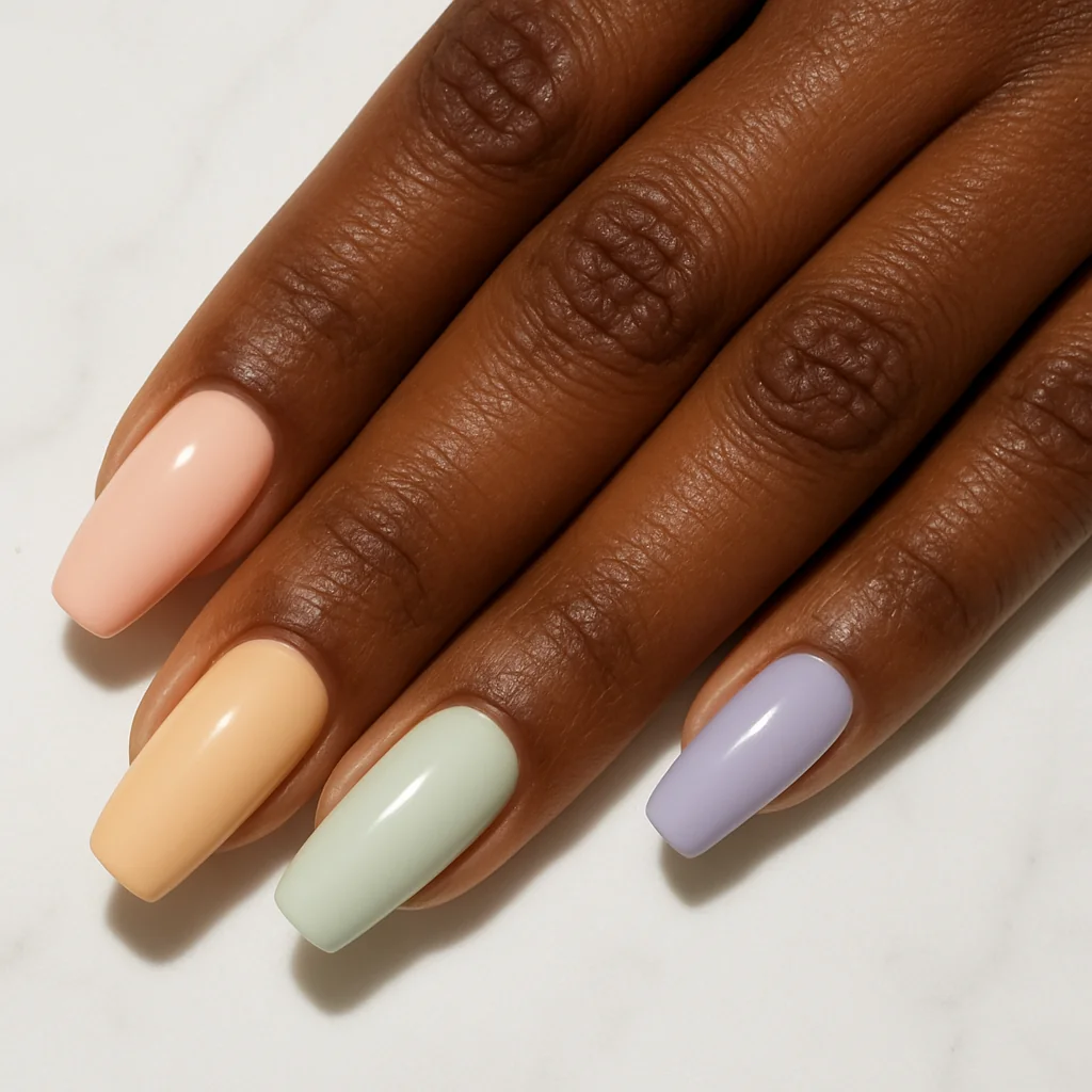 Pastel rainbow nails in muted milky versions of all six Pride colors on dark skin on white marble — subtle pride nail 2026