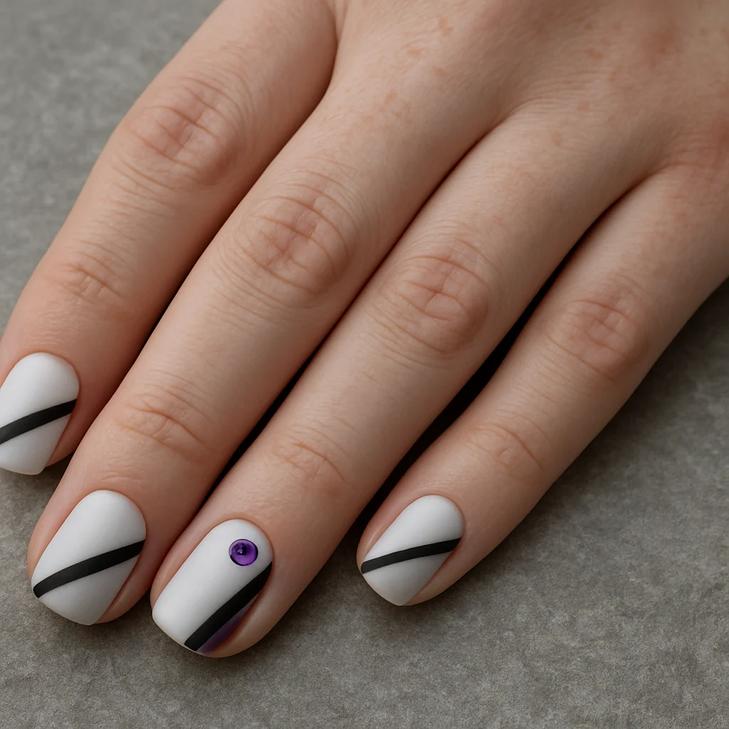 Short square nails in demisexual Pride flag white grey black and purple with gem accent on fair freckled skin on grey stone — demisexual pride nail 2026