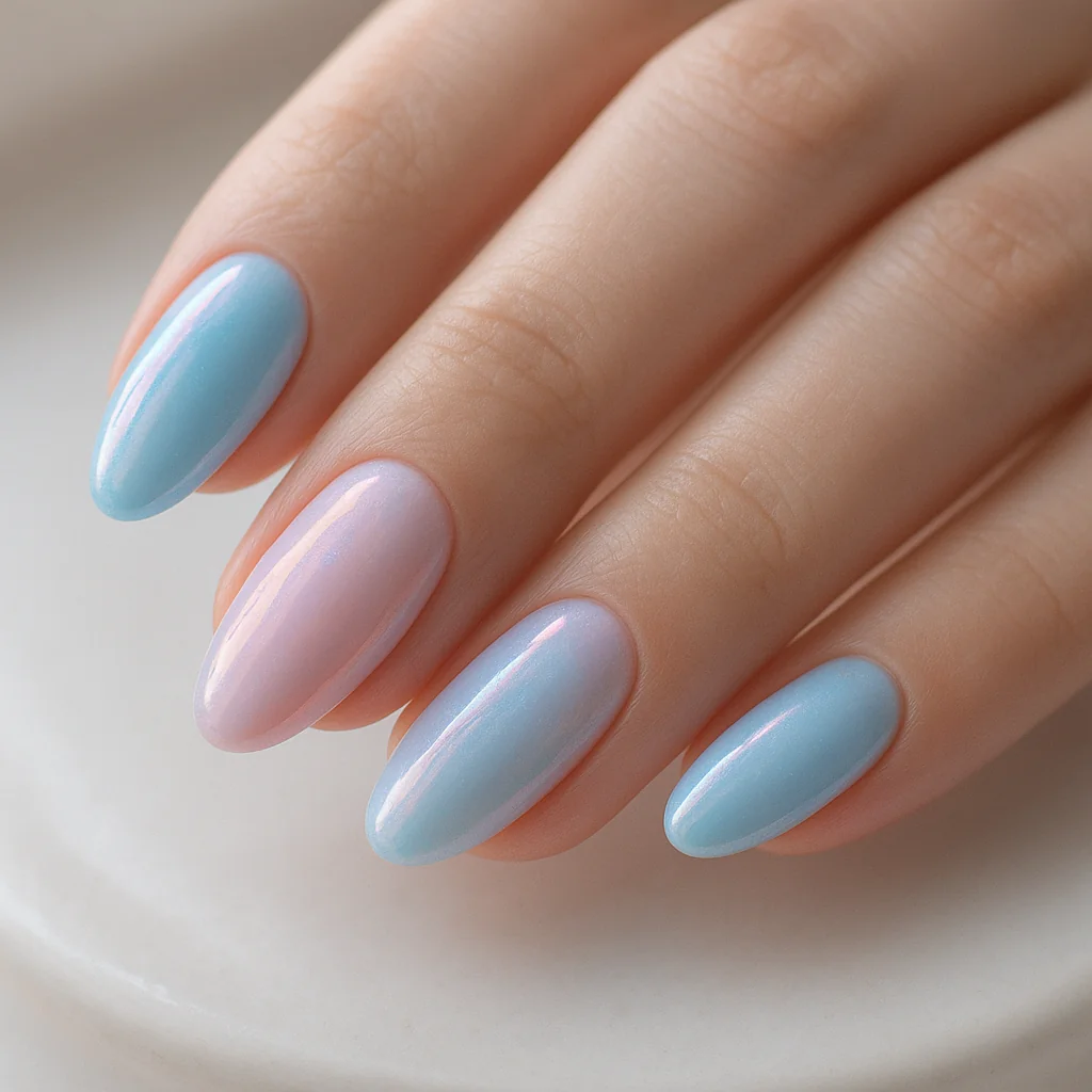 Short almond nails in trans flag baby blue pink and white glazed donut finish on pale cool skin on ceramic — trans pride nail 2026