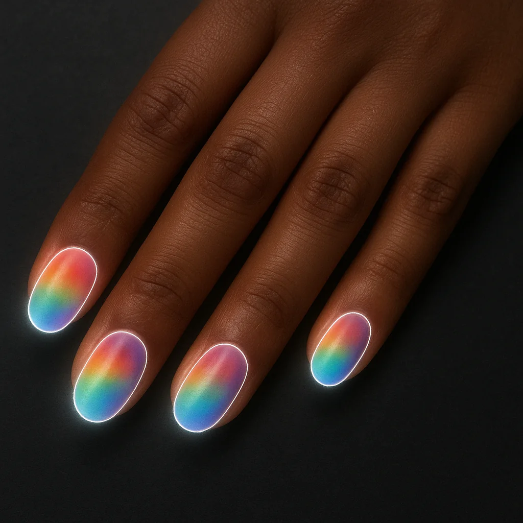 Rainbow aura gradient nails with white halo outline on medium brown skin — dreamy pride nail art 2026
