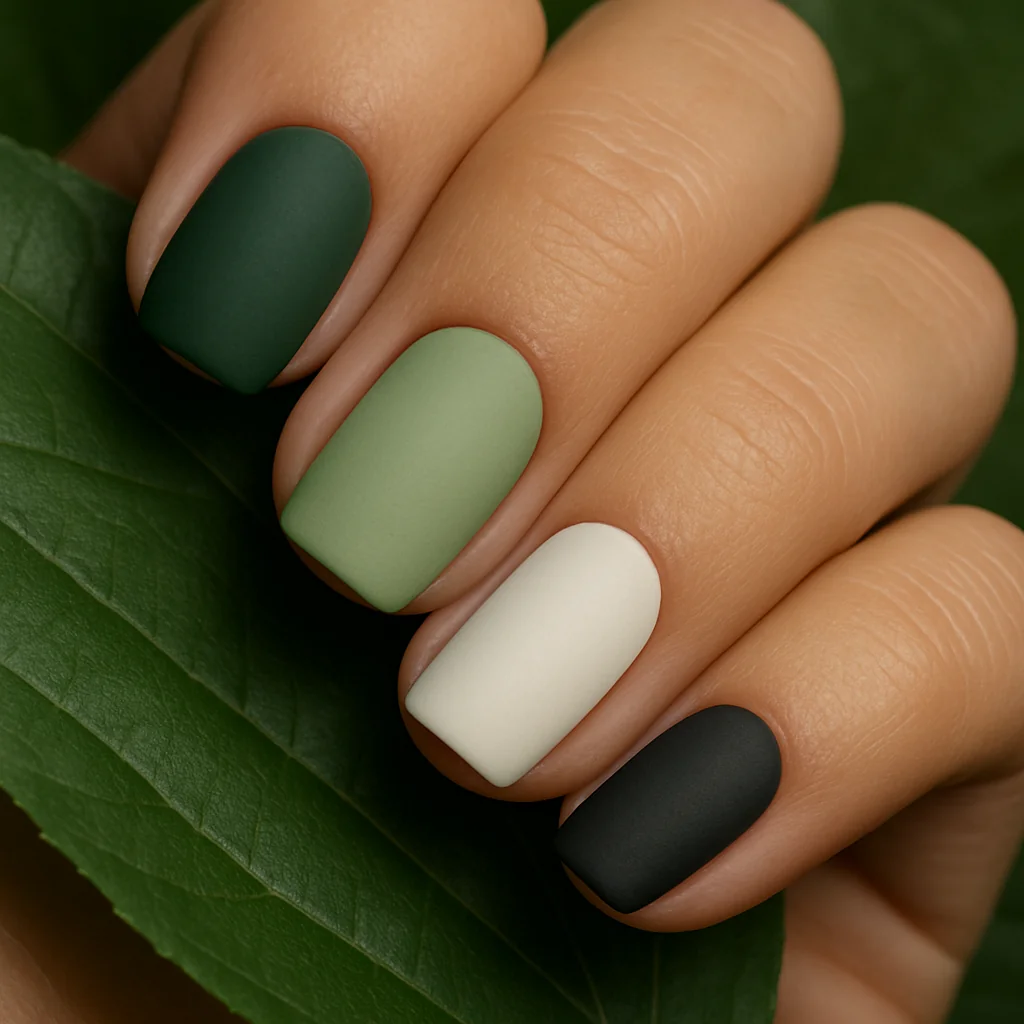 Short squoval nails in aromantic Pride flag dark green light green white grey and black stripe design on warm tan skin on green leaf — aromantic pride nail 2026