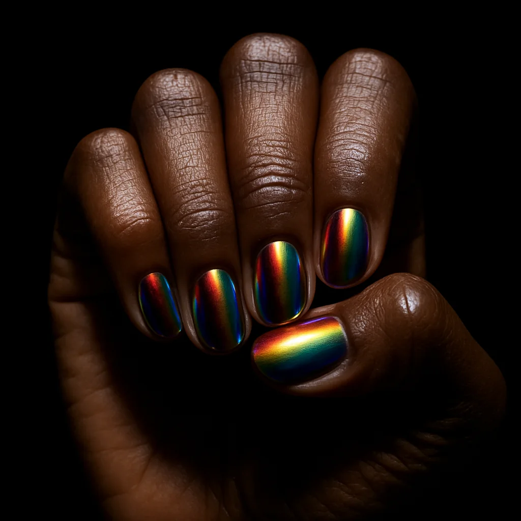 Short almond nails in rainbow chrome mirror finish through all spectrum colors on deep black skin in dramatic spotlight — chrome Pride nails 2026