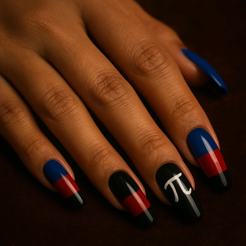 Medium coffin nails in polyamorous Pride flag blue red and black with pi symbol on accent nail on olive tan skin on velvet — poly pride nail 2026