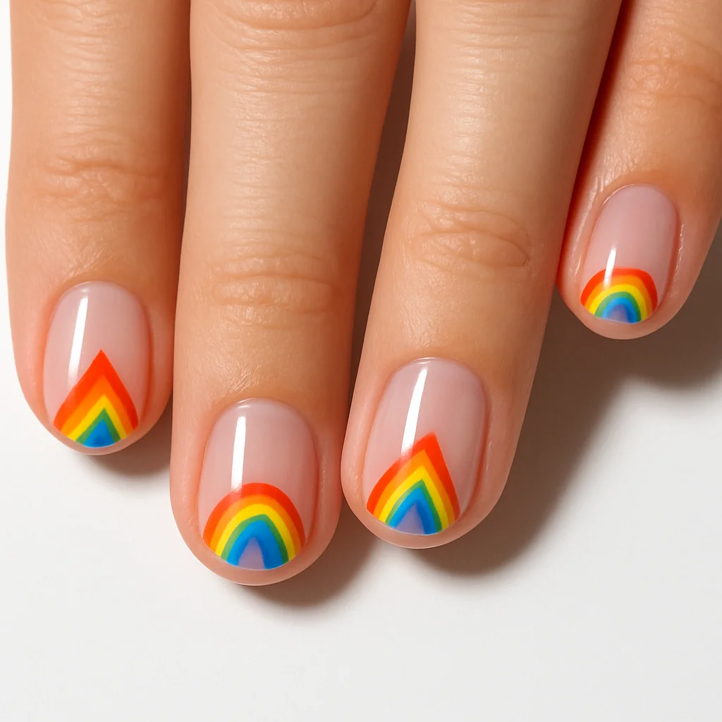 Rainbow negative space nails with colored geometric cutouts on clear gel base on fair light skin — minimalist Pride nail art 2026