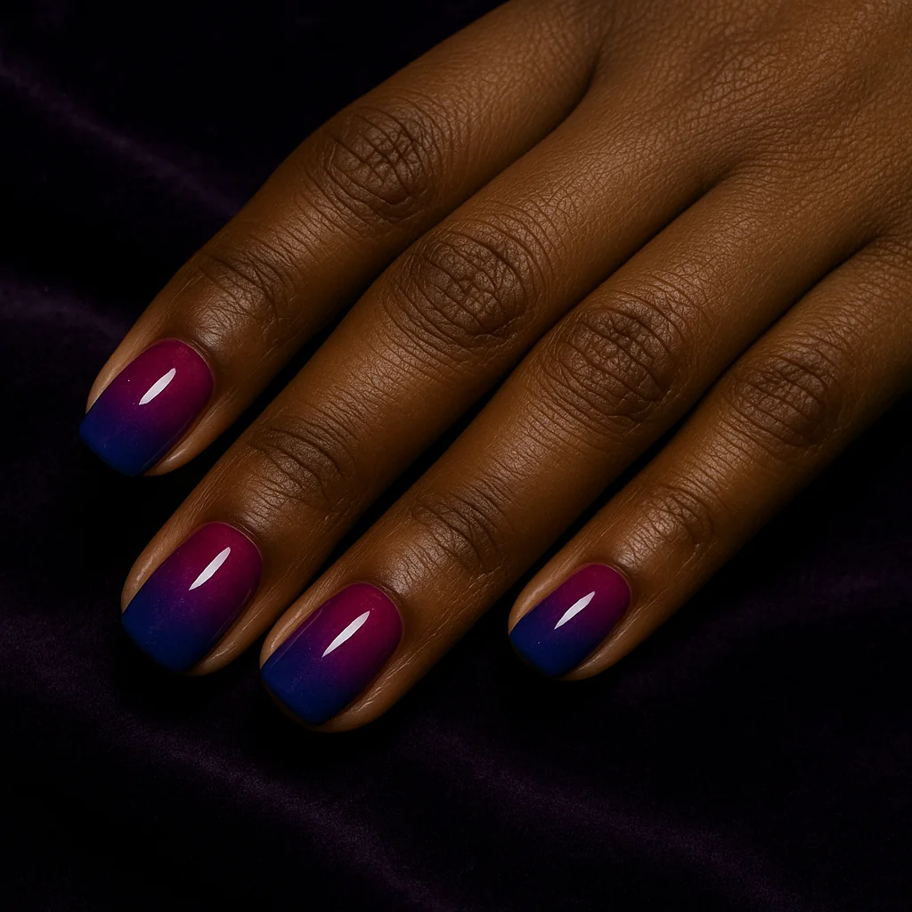 Short squoval nails in bisexual flag deep magenta to purple to royal blue ombré on dark warm brown skin — bi pride nails 2026