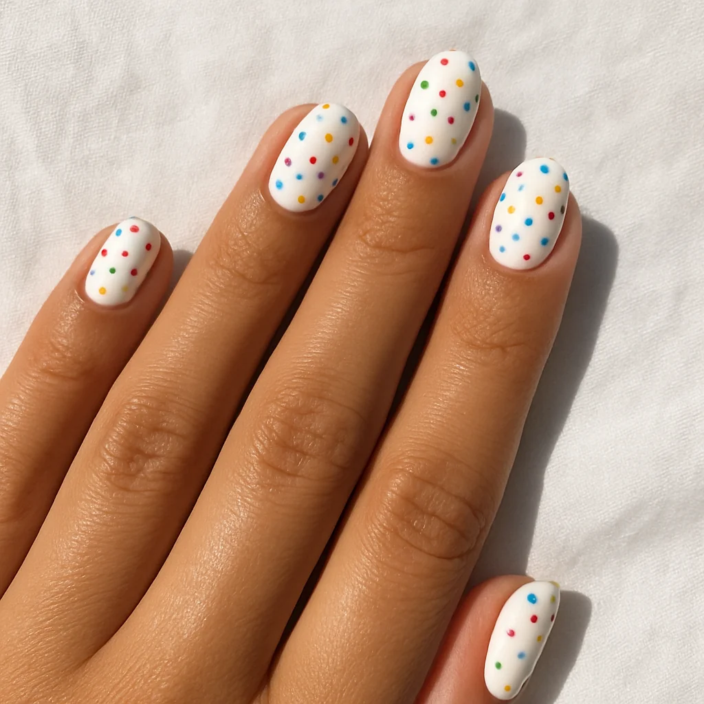 Rainbow micro polka dot nails with tiny colored dots on white base on warm tan skin — playful pride nail art 2026
