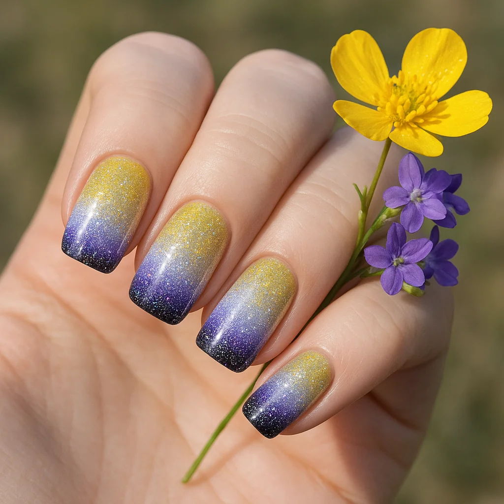 Medium squoval nails in non-binary flag yellow holographic to white to purple to black glitter gradient on pale skin holding wildflowers — non-binary pride nails 2026