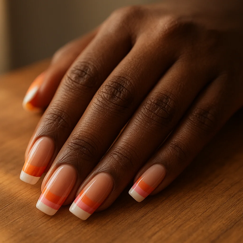 Short coffin nails in lesbian flag orange pink white tones as French tip stripes on deep dark brown skin — lesbian pride nail art 2026