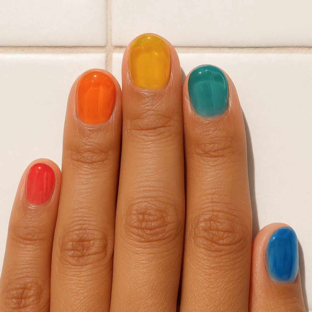 Translucent rainbow jelly nails one color per nail on warm tan skin from above on white tiles — pride nails 2026