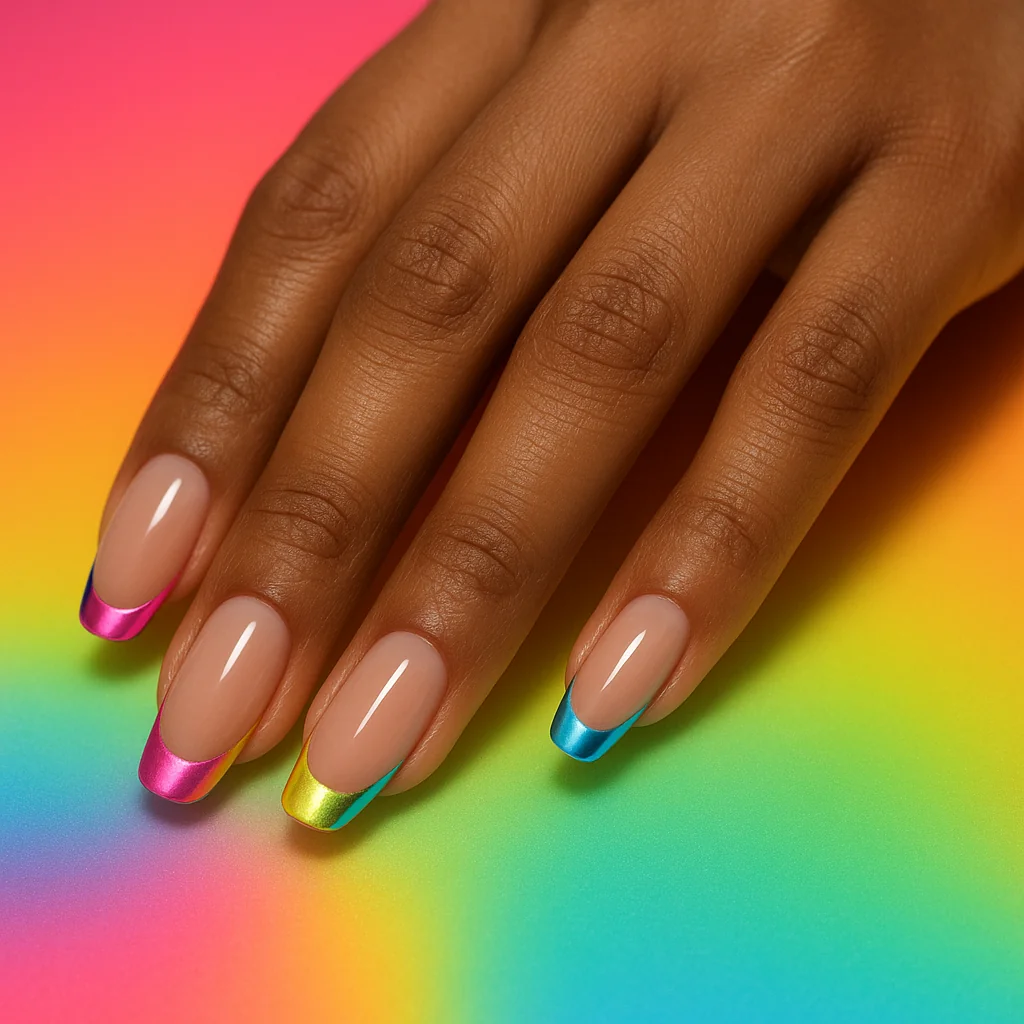 Short almond nails with pansexual flag chrome tips in pink yellow and cyan blue on nude base on warm brown skin — pan pride nail art 2026