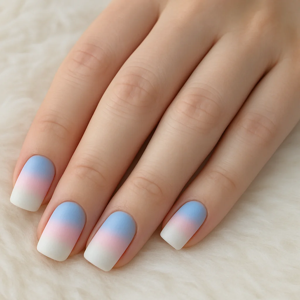 Medium square nails in transgender flag soft ombré gradient in baby blue pink and white on fair skin on fluffy surface — trans nail art 2026