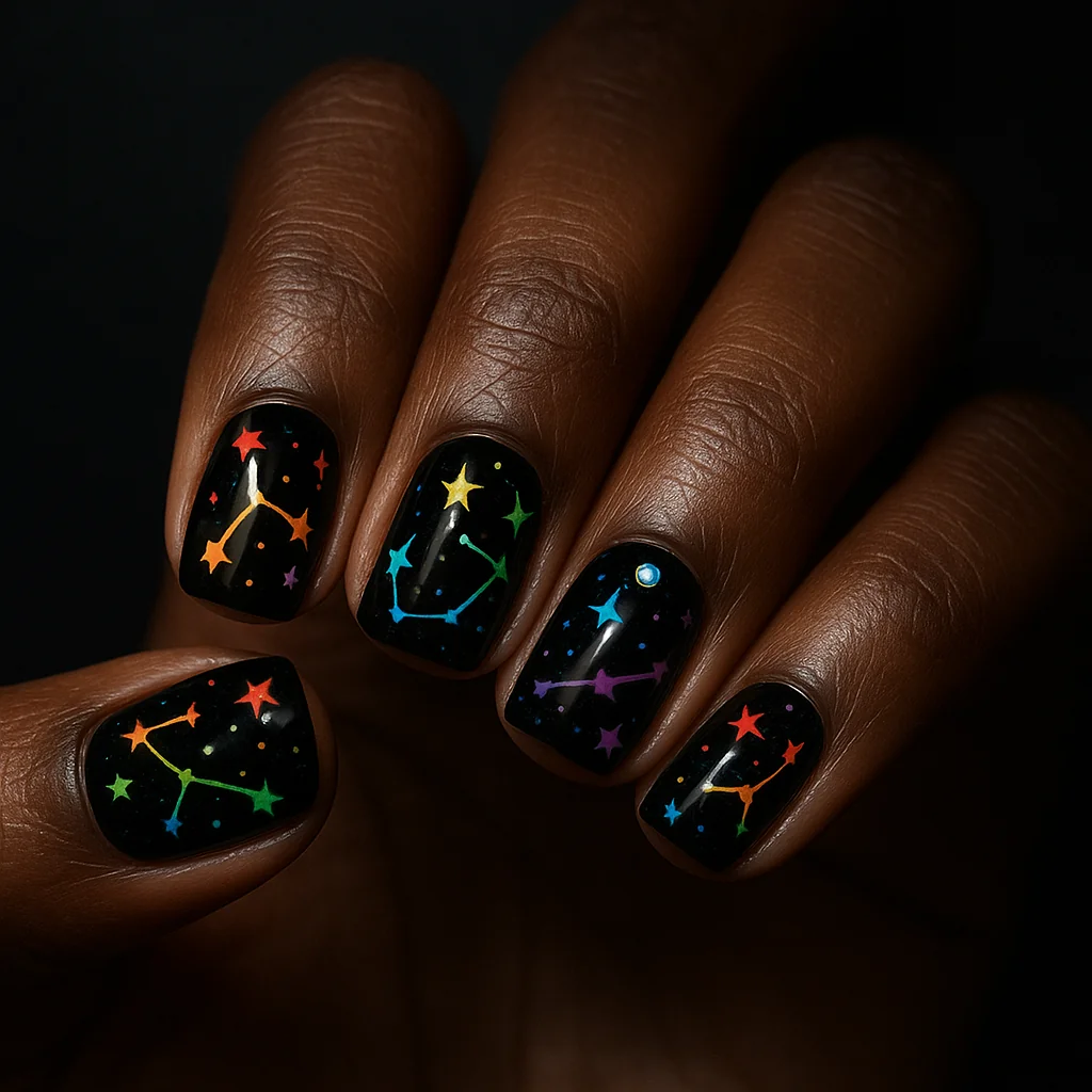 Rainbow constellation nails with colored stars and lines on black base on dark skin — celestial pride nail art 2026