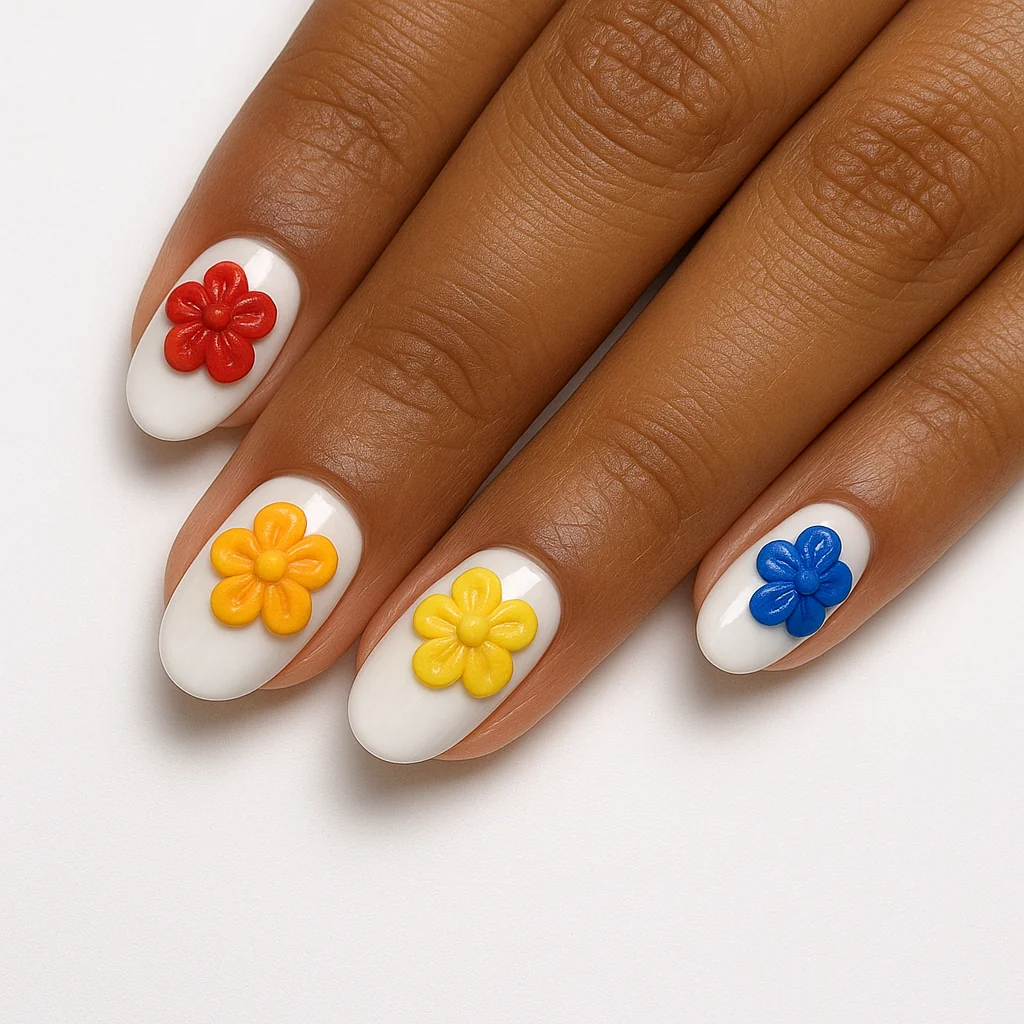 3D rainbow floral nails with sculptured gel flowers in all six Pride colors on white base on warm brown skin — Pride nail art 2026