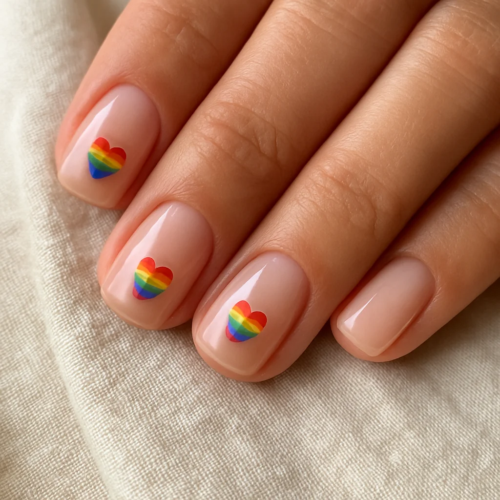 Short square nails with tiny rainbow heart on each nail on nude gloss base on warm tan skin on cream linen — subtle Pride nail art 2026