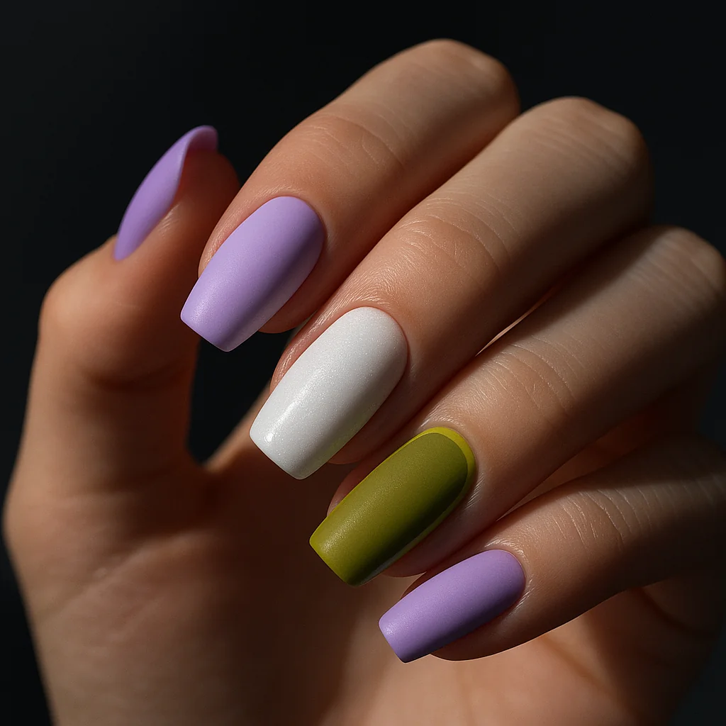 Short coffin nails in genderqueer Pride flag lavender white and chartreuse green on pale fair skin with dramatic low angle light — genderqueer pride nail 2026