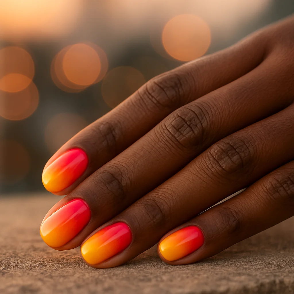 Short round nails in warm rainbow sunset coral pink orange yellow gradient on deep dark skin in golden hour rooftop lifestyle photo — Pride nails 2026