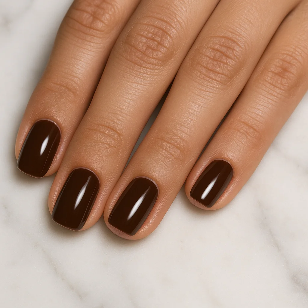 Short squoval nails in chocolate mocha brown glossy gel on light skin — manicure 2026