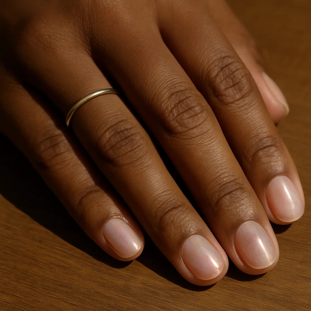 Short round nails with sheer pearl glazed finish on deep brown skin seen from the side — 2026 manicure