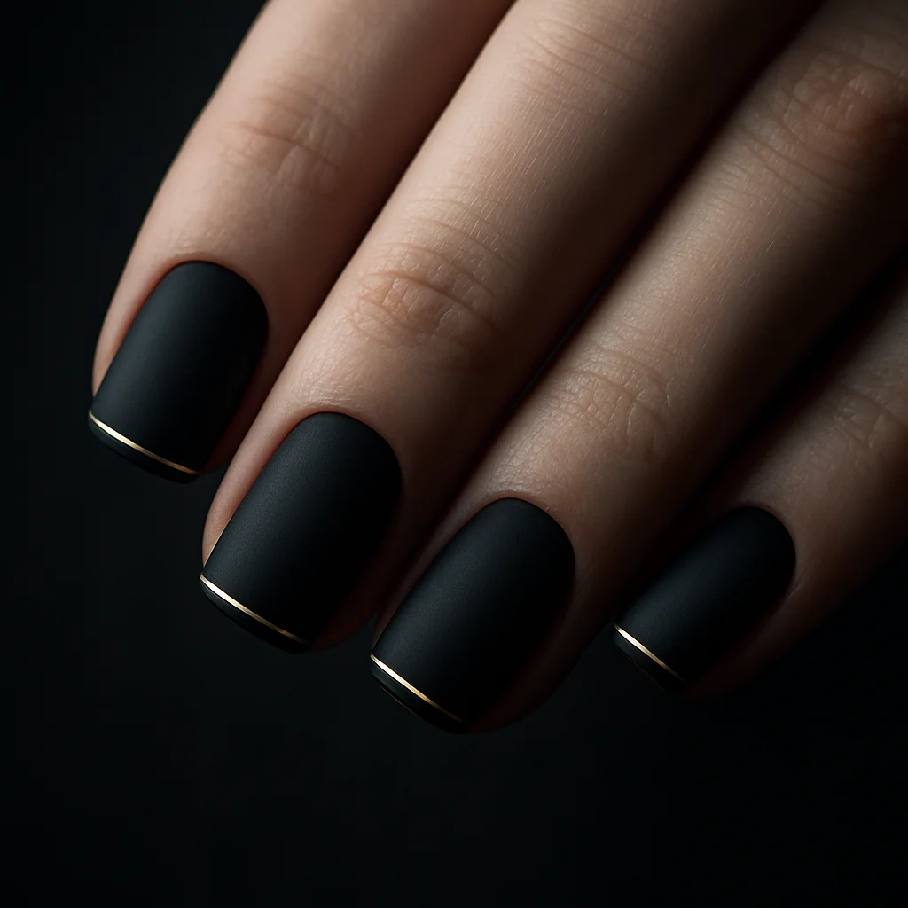 Short square matte black nails with thin gold edge line on pale cool skin — elegant nail design 2026