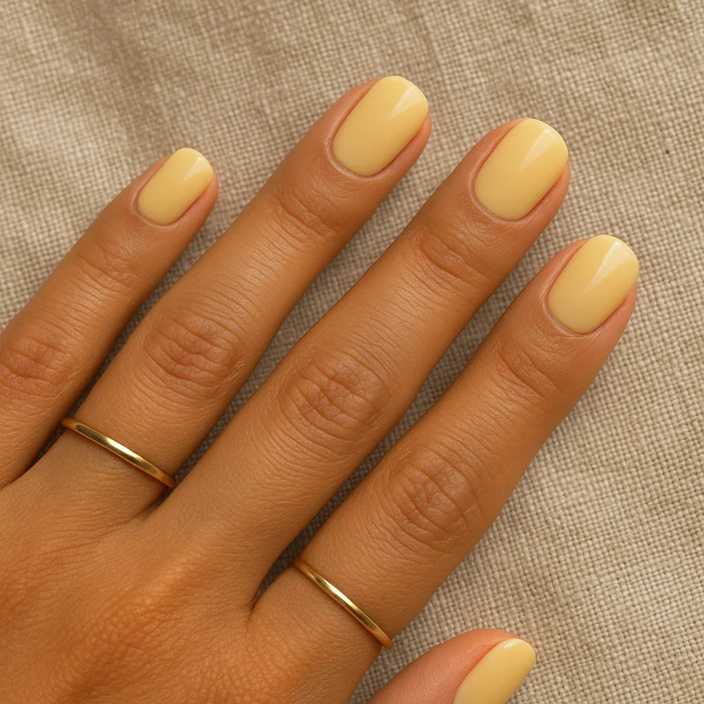 Short almond nails in butter yellow glazed finish on warm olive skin resting on linen — 2026 nail trend
