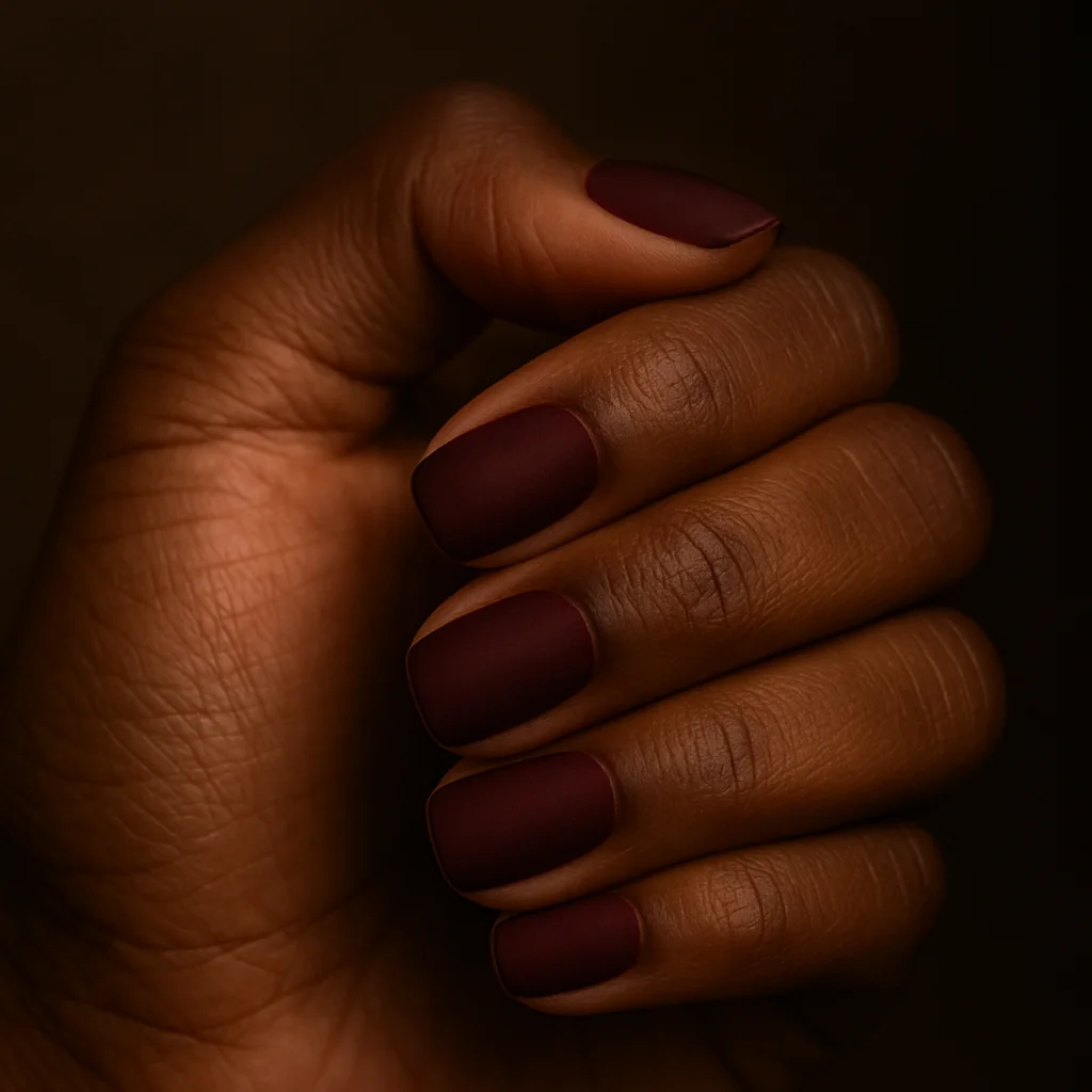 Short squoval nails in deep burgundy velvet matte finish on dark espresso skin — moody manicure 2026