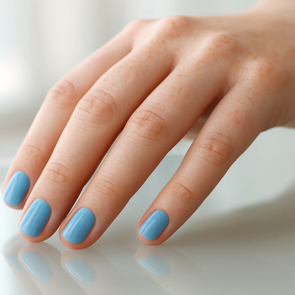 Short round nails in soft cornflower blue on fair freckled skin in bright daylight — summer nail 2026