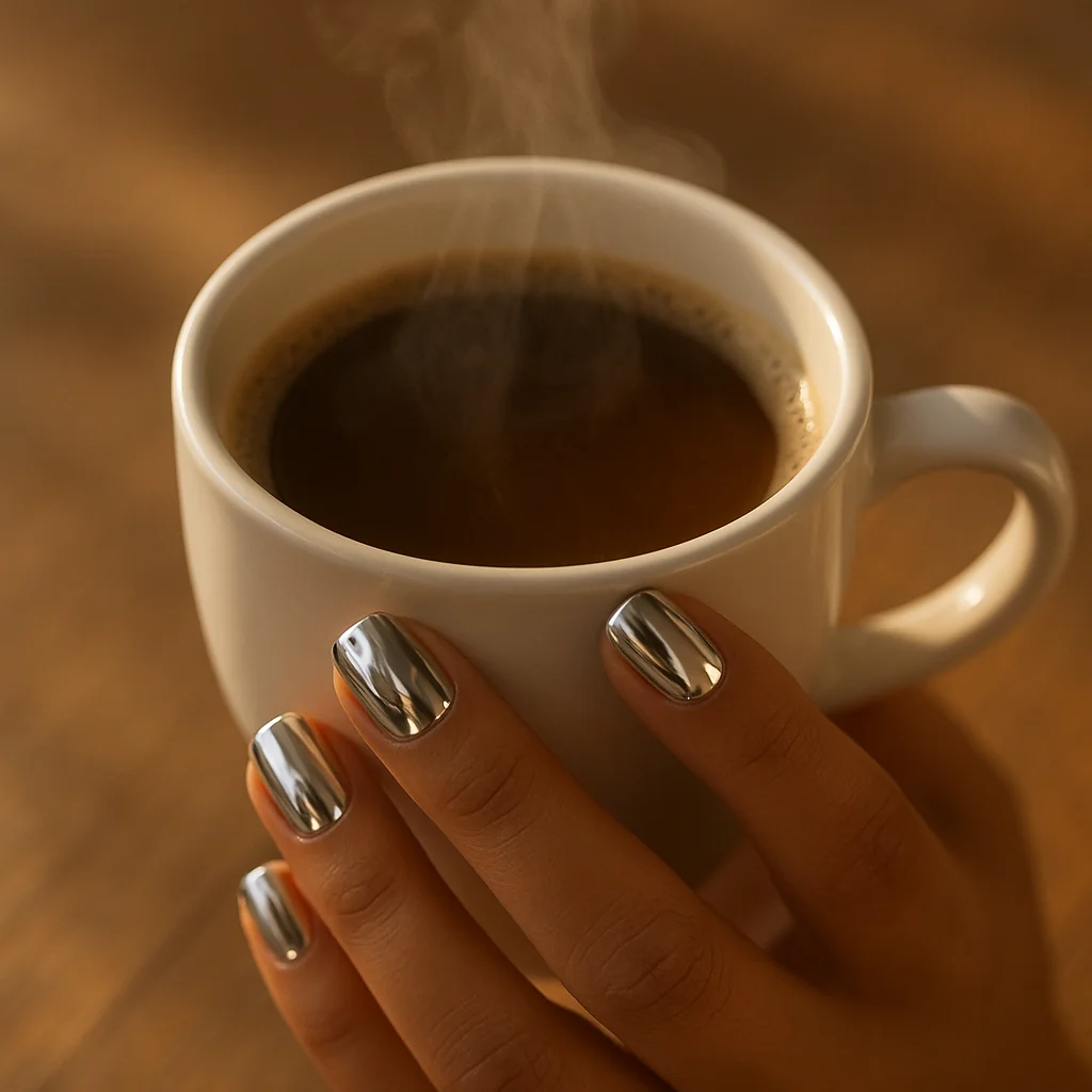 Short square chrome silver nails on light tan skin holding a coffee cup — lifestyle manicure 2026