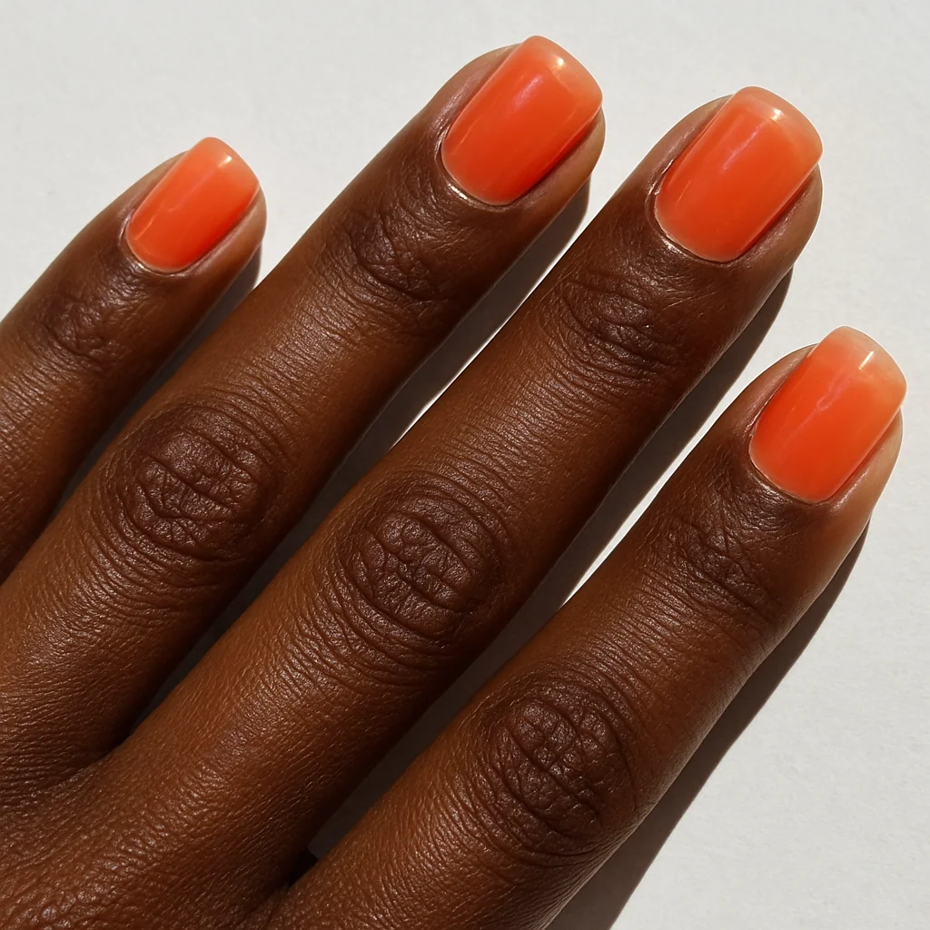 Short squoval jelly coral orange translucent nails on deep dark brown skin in sunlight — bold summer nail 2026