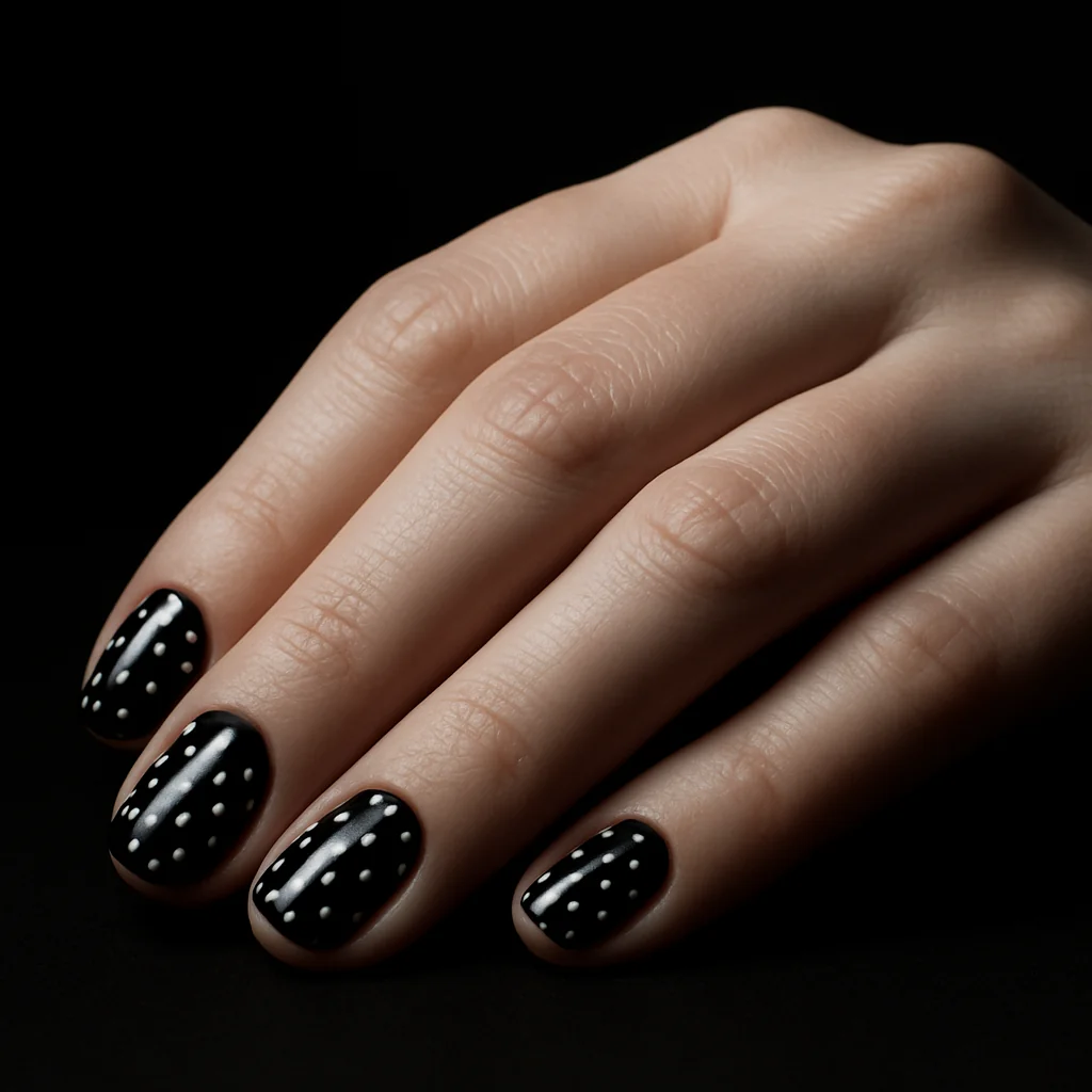 Short round nails with white micro polka dots on black glossy base on pale porcelain skin — nail art 2026